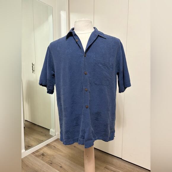 Haggar Men Blue Hawaiian Palm Print Button Down Short Sleeve Silk Shirt Medium - Picture 1 of 5